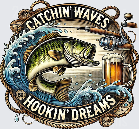 Catchin' Waves Hookin' Dreams Bass Fishing Beer Rope Circle