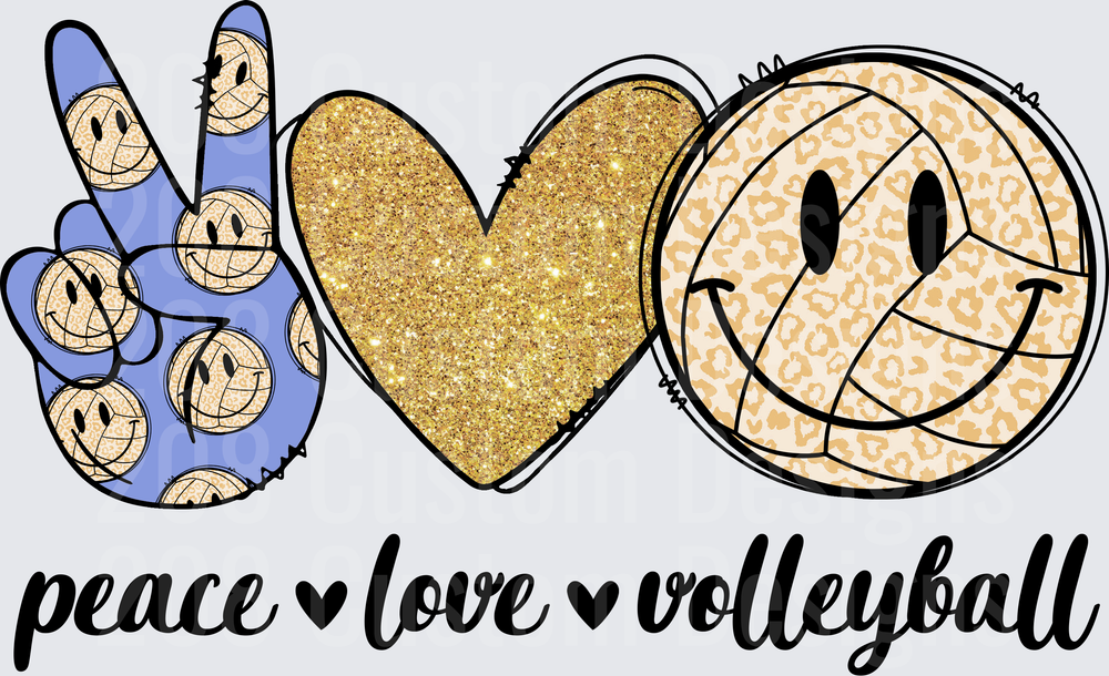 Peace Love Volleyball Smiley Face Leopard Print Glitter Heart