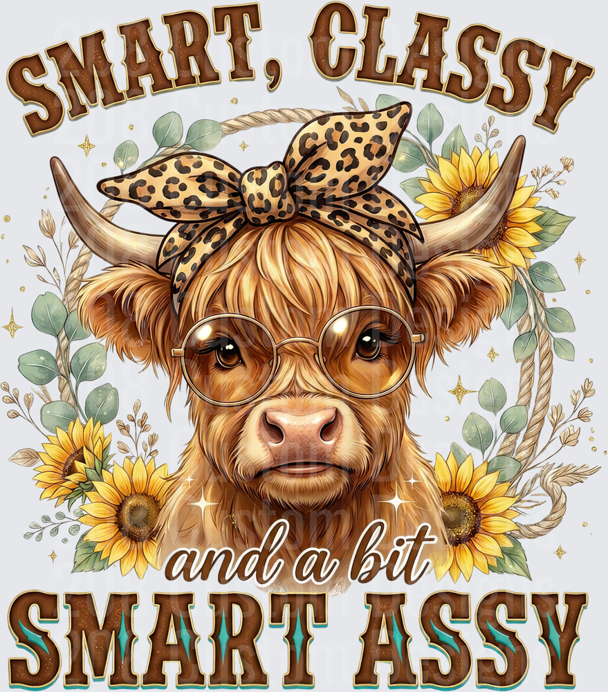 Smart Classy Highland Cow with Leopard Bow and Sunflowers