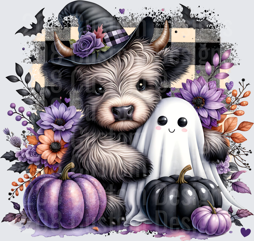 Halloween Highland Cow Witch Hat Ghost Purple Pumpkins