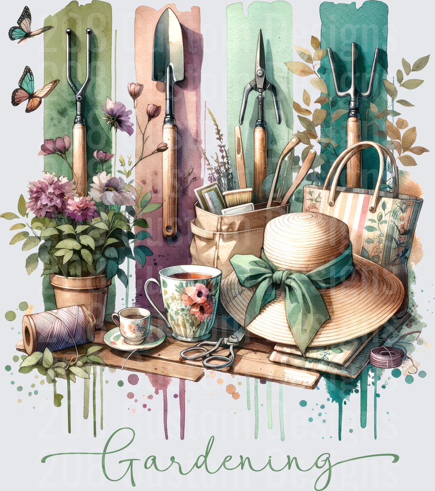 Watercolor Gardening Tools with Straw Hat and Floral Elements