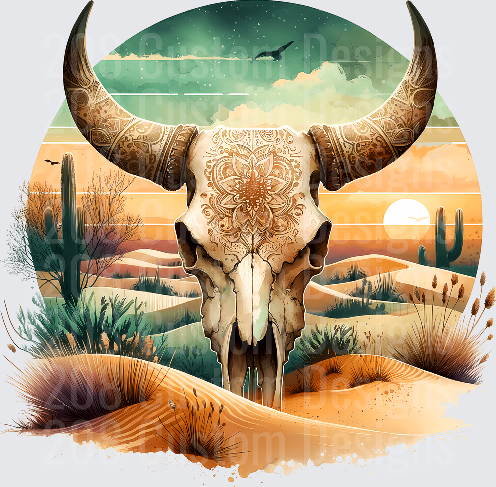 Ornate Bull Skull with Mandala Pattern Desert Sunset Scene
