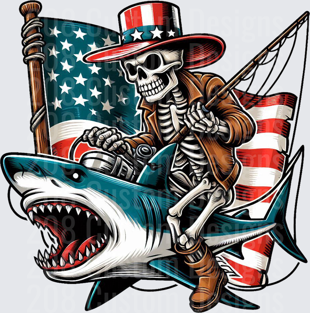 Uncle Sam Skeleton Riding Shark with American Flag