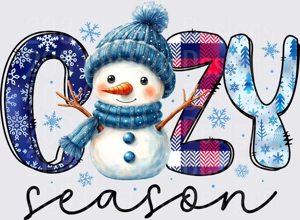Cozy Season Snowman with Blue Winter Hat and Scarf
