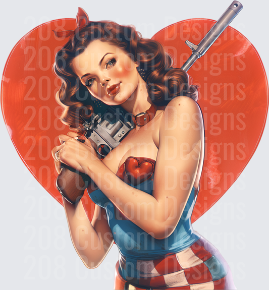 Pin-Up Girl with Lightsaber in Red Heart Background