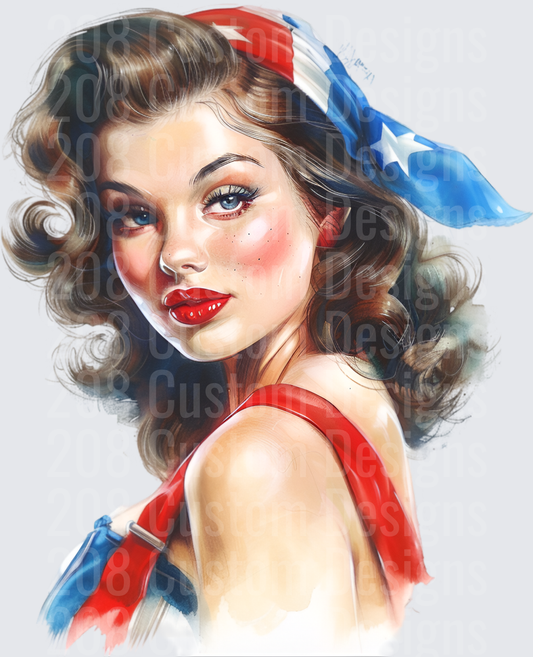 Vintage Pin-Up Girl with American Flag Bandana and Red Lips