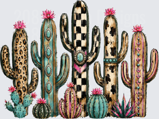 Boho Western Patterned Cactus Cluster Pink Flowers Turquoise