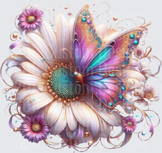 Whimsical Butterfly Daisy Flower Fantasy Design with Ornate Swirls