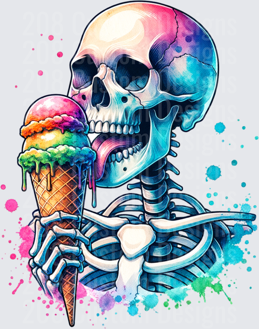 Watercolor Skeleton Eating Rainbow Ice Cream Cone