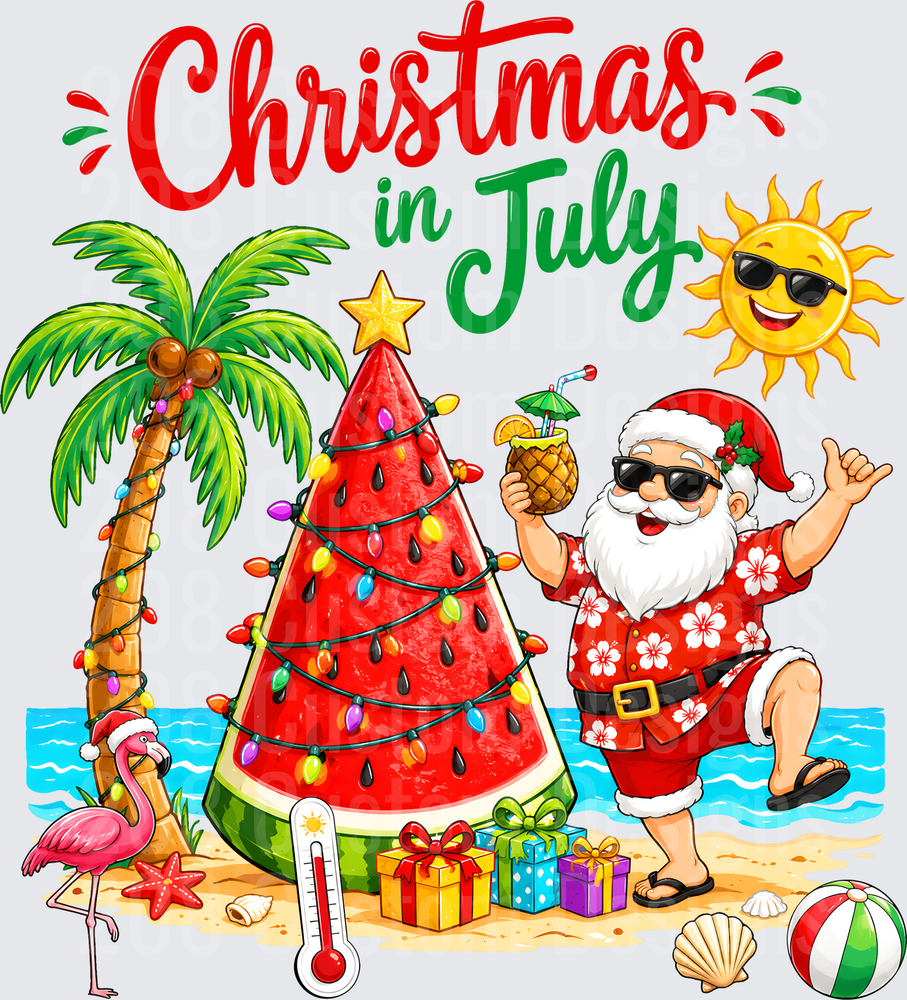 Christmas in July Santa Beach Watermelon Tree Tropical