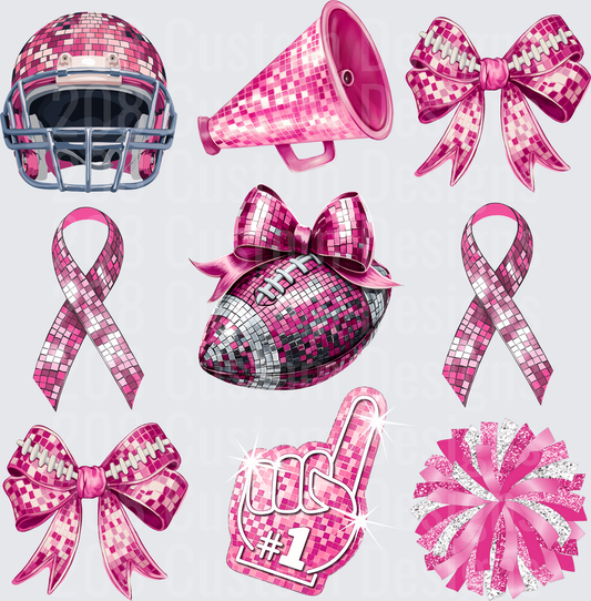 Pink Disco Ball Football Helmet Megaphone Ribbon Bow Pom Pom Set