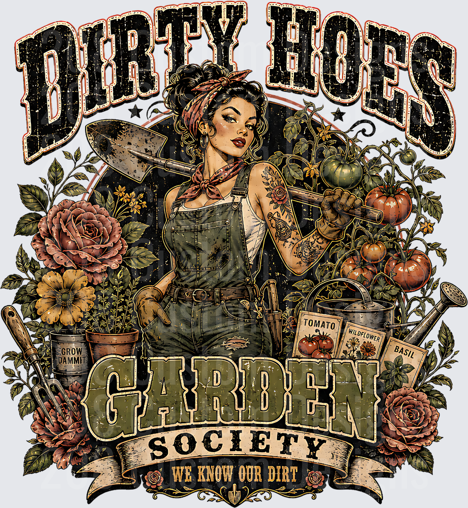 Dirty Hoes Garden Society Pin-Up Girl with Gardening Tools