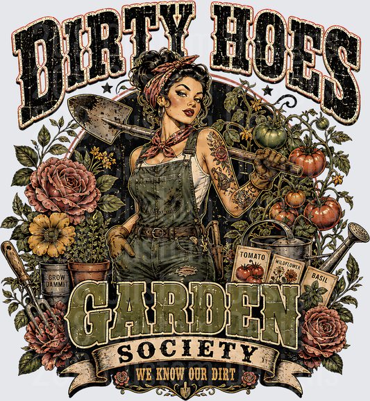 Dirty Hoes Garden Society Pin-Up Girl with Gardening Tools