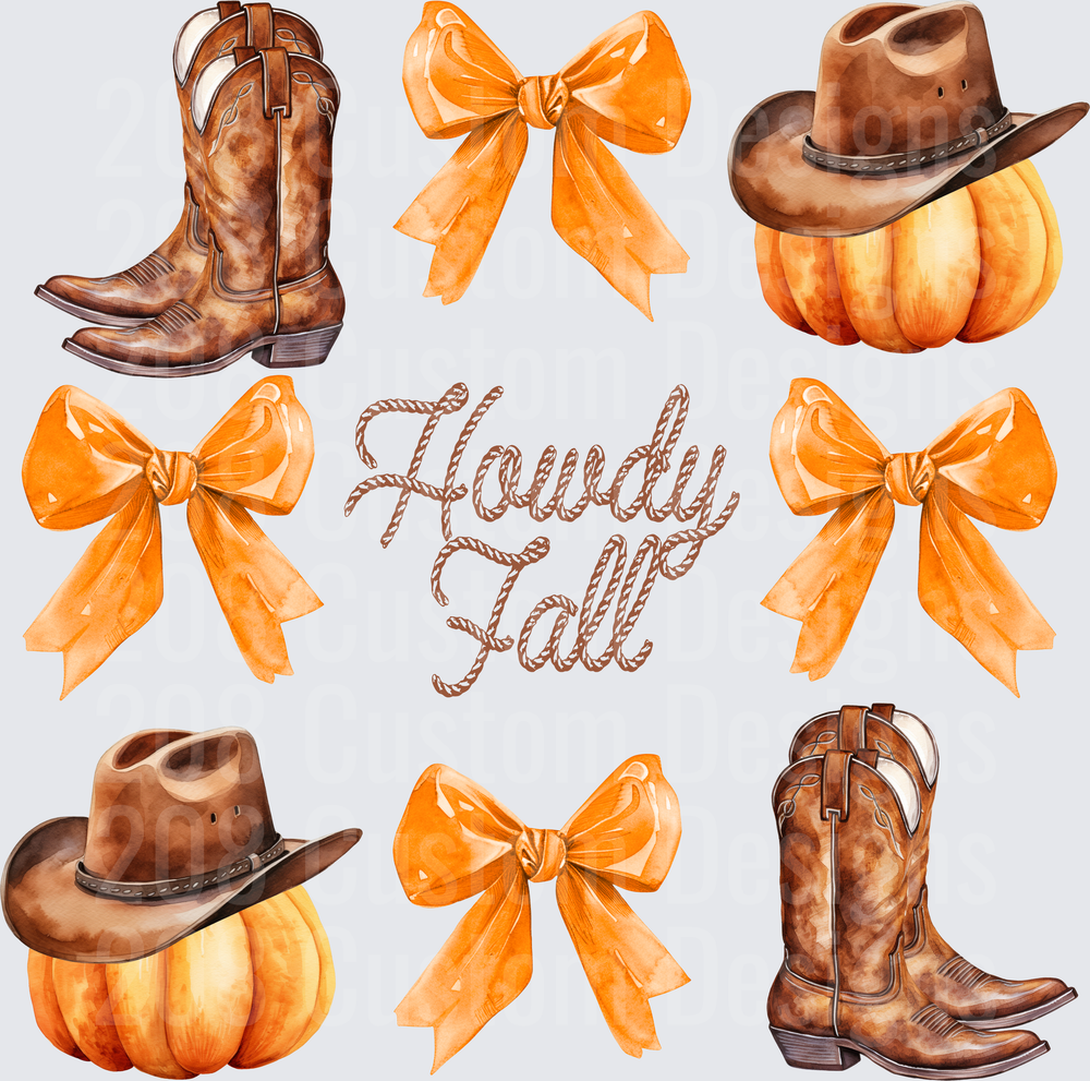 Howdy Fall Western Cowboy Boots Pumpkins Orange Bows Pattern