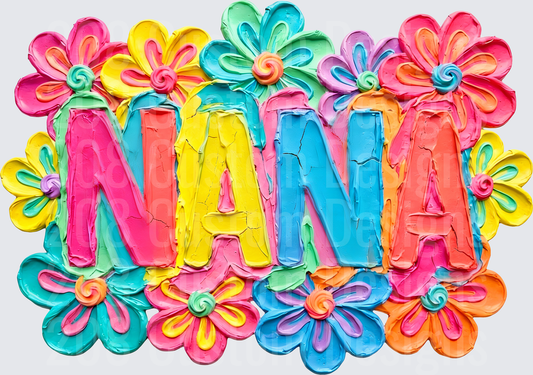 Colorful NANA Text with Vibrant Flowers and Swirls