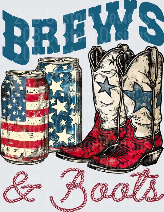Brews and Boots Patriotic American Flag Beer Cans Cowboy Boots