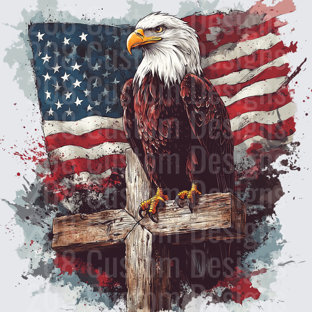 Patriotic Bald Eagle Perched on Wooden Cross with American Flag