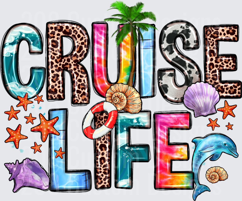 Cruise Life Tropical Beach Vacation Leopard Print Letters with Seashells Palm Tree and Dolphin