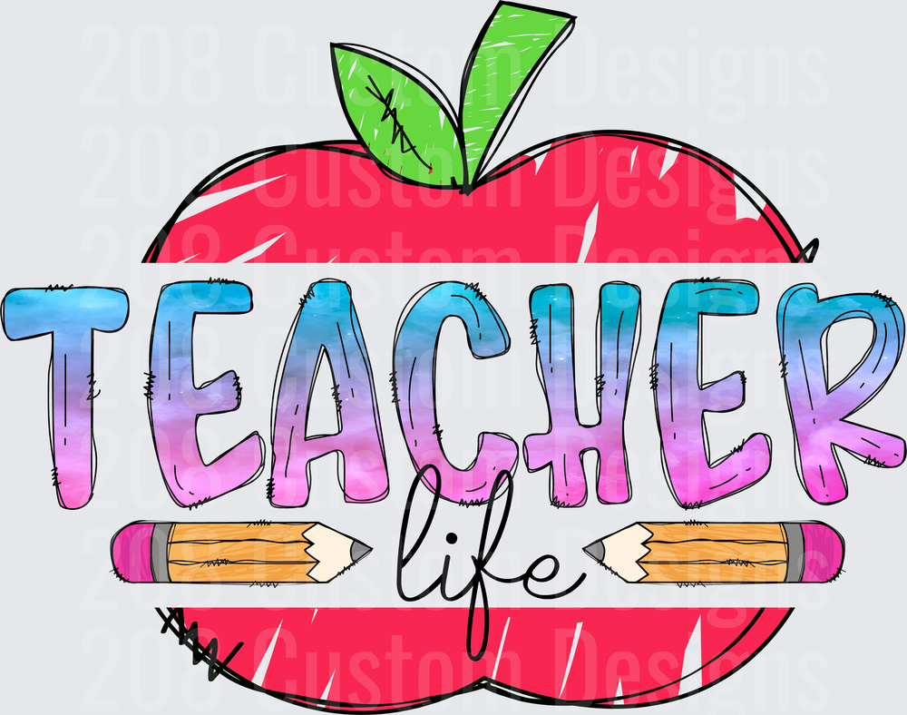 Teacher Life Red Apple and Pencils Blue Purple Ombre