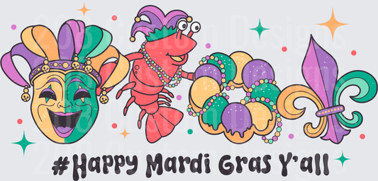 Happy Mardi Gras Y'all Crawfish Comedy Tragedy Mask Fleur de Lis