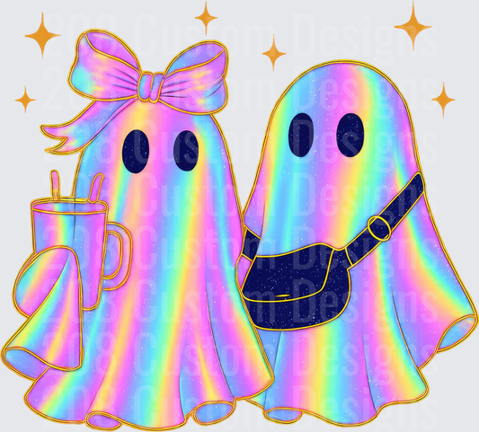 Holographic Rainbow Ghost BFF Couple with Bow and Fanny Pack