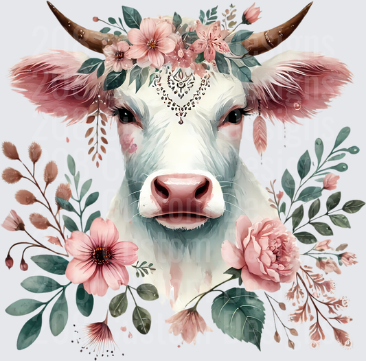 Boho Cow with Pink Flowers and Feather Crown Mandala Design
