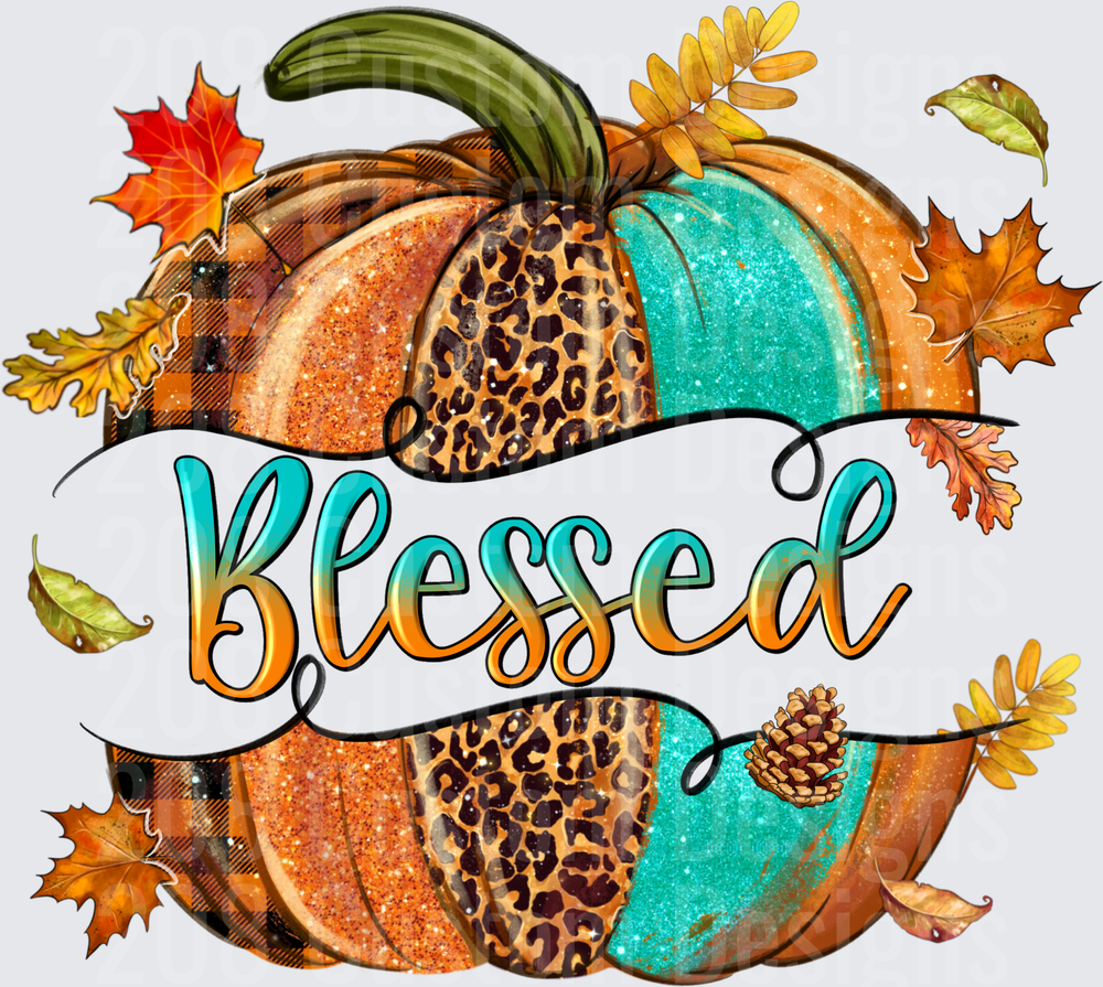 Blessed Pumpkin with Leopard Print and Autumn Leaves Design