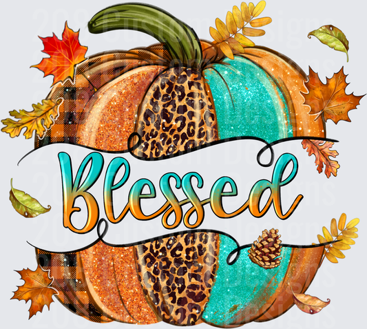 Blessed Pumpkin with Leopard Print and Autumn Leaves Design