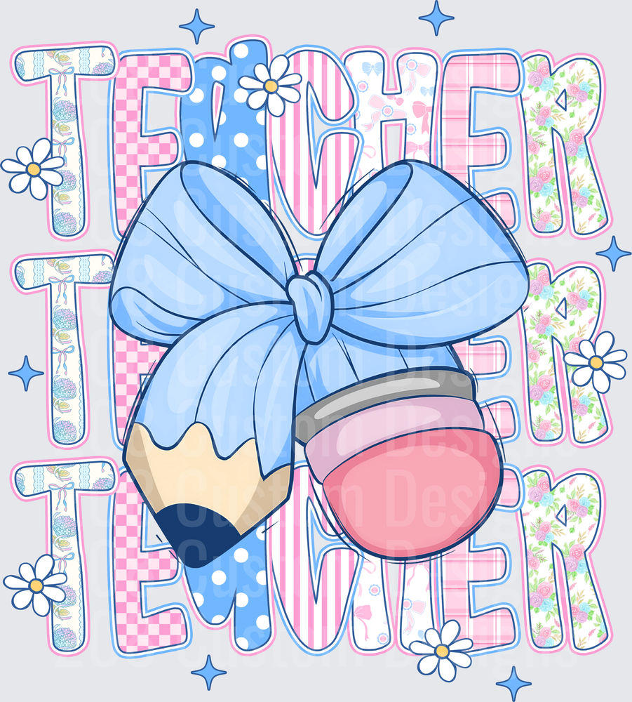 Coquette Teacher Pencil Blue Bow Daisy Patterned Stack