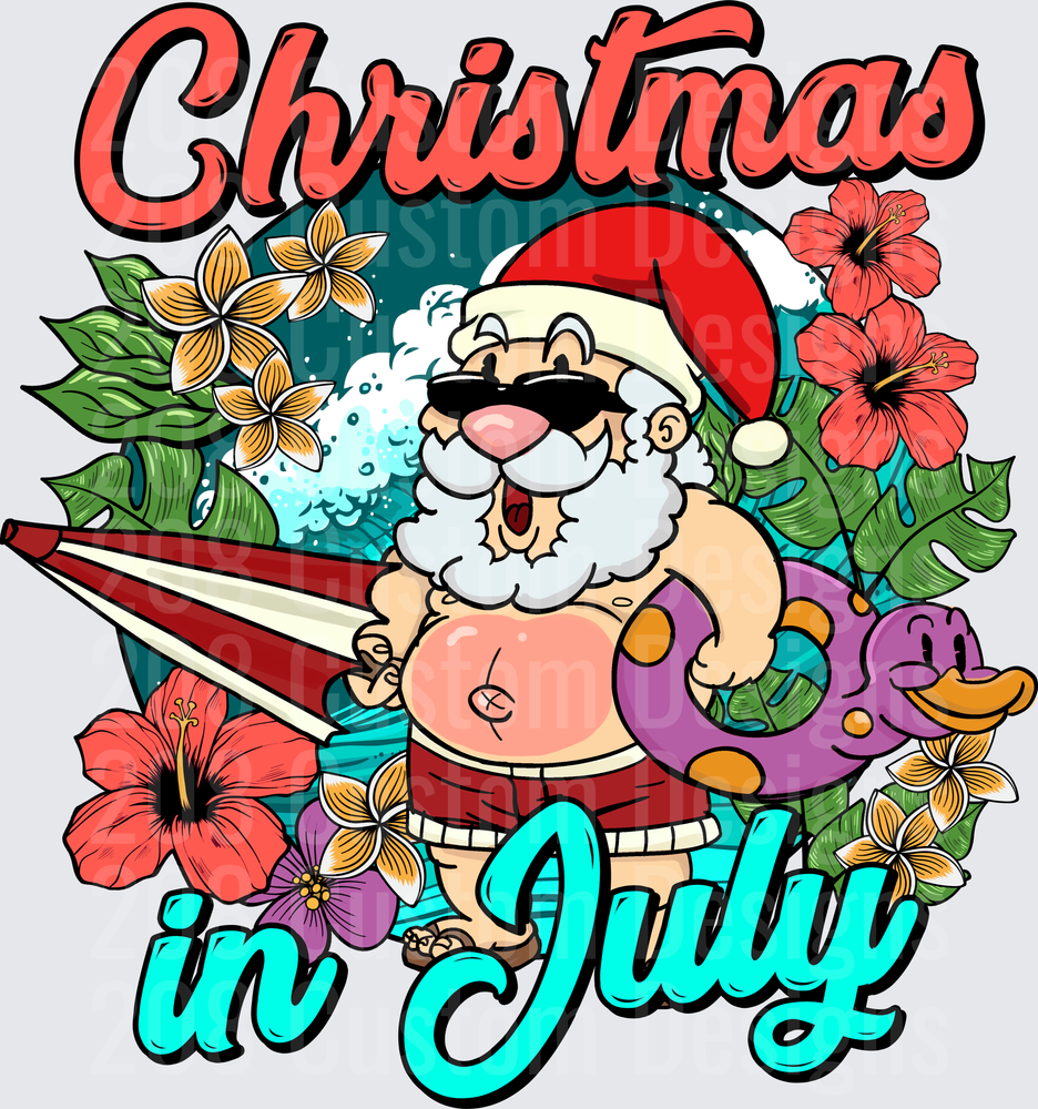 Christmas in July Santa with Surfboard and Tropical Flowers
