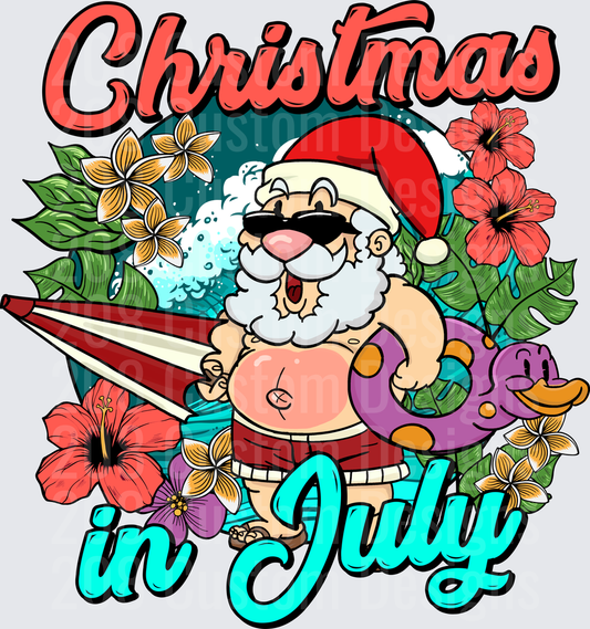Christmas in July Santa with Surfboard and Tropical Flowers