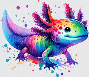 Rainbow Watercolor Axolotl with Purple Gills and Paint Splashes