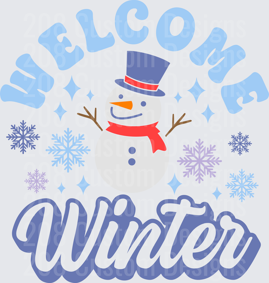 Welcome Winter Snowman with Top Hat and Snowflakes