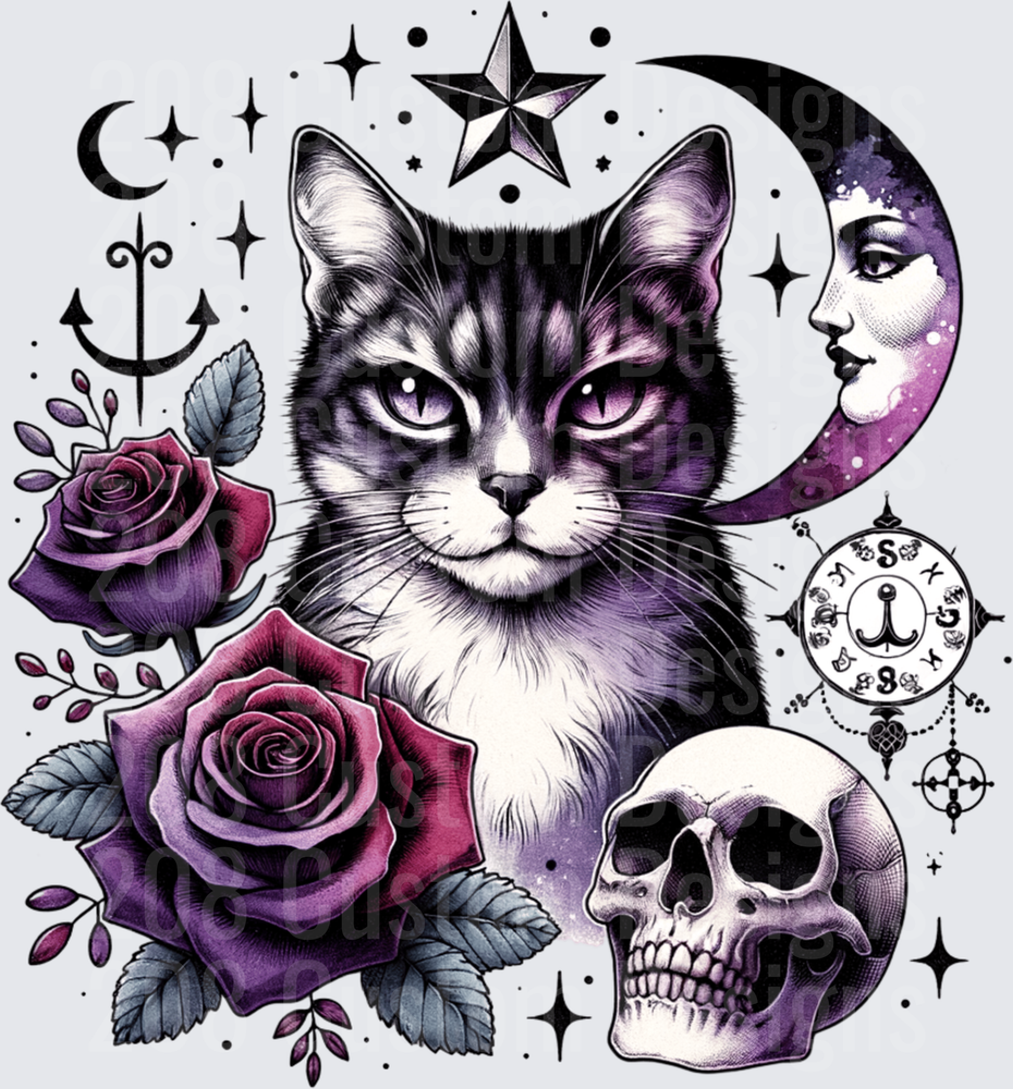 Gothic Mystic Cat Crescent Moon Roses Skull Occult