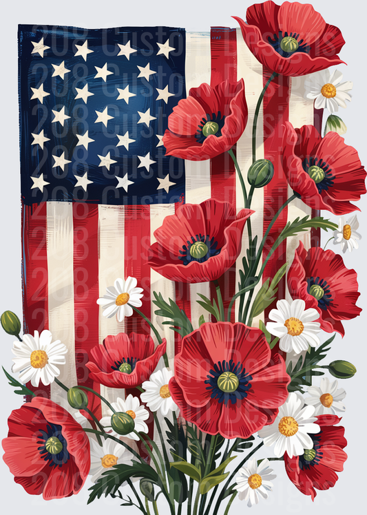 American Flag with Red Poppies and White Daisies