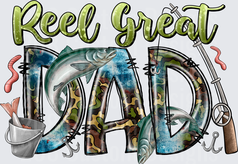 Reel Great Dad Fishing Typography with Camouflage Letters