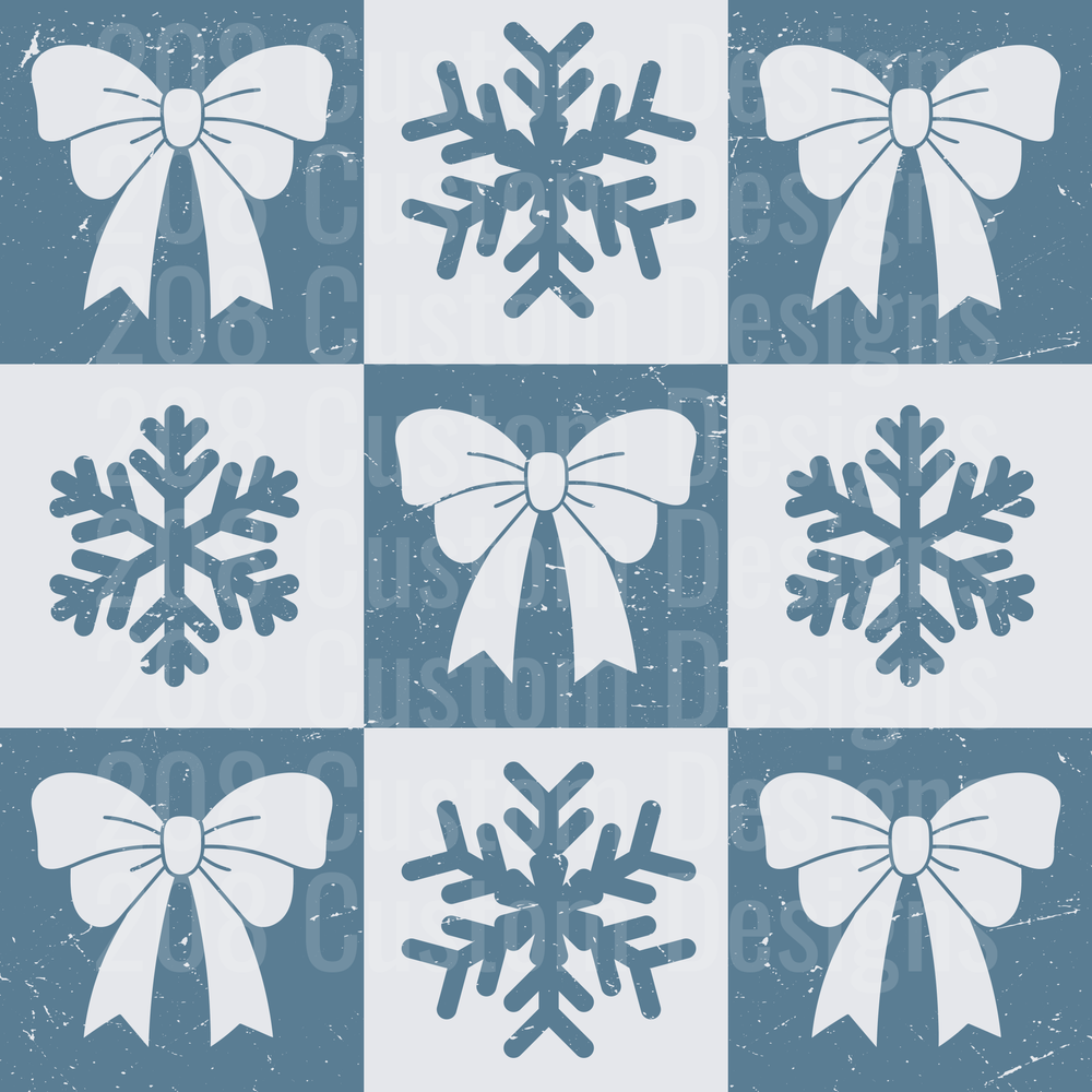 Winter Christmas Bows and Snowflakes Checkerboard Pattern