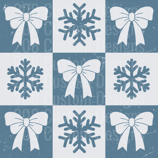 Winter Christmas Bows and Snowflakes Checkerboard Pattern