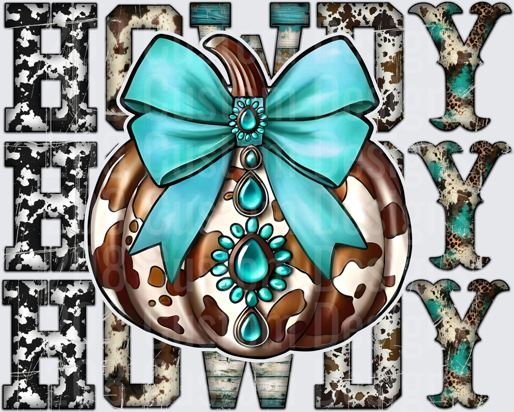 Howdy Cow Print Pumpkin with Turquoise Bow and Gems