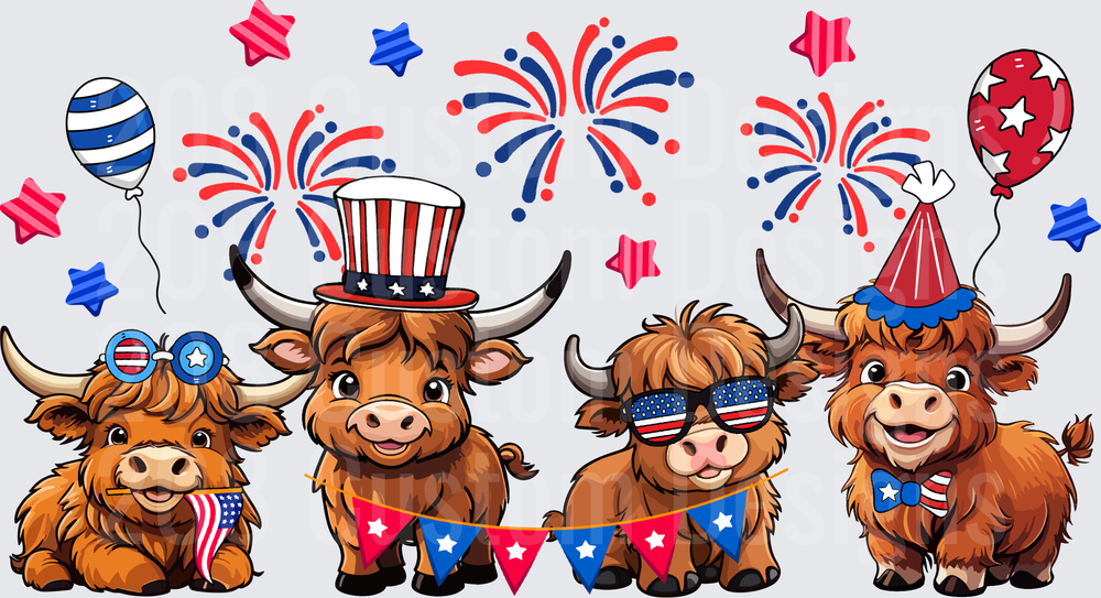 Patriotic Highland Cattle Fourth of July Celebration with Fireworks