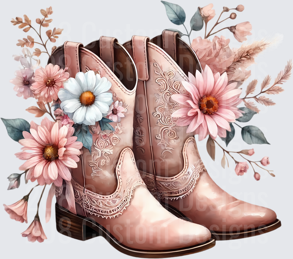 Pink Cowboy Boots with Floral Bouquet Western Design