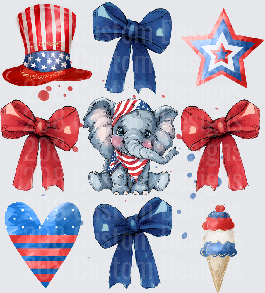 Patriotic Elephant with Uncle Sam Hat Red White Blue Bows Stars Heart Ice Cream