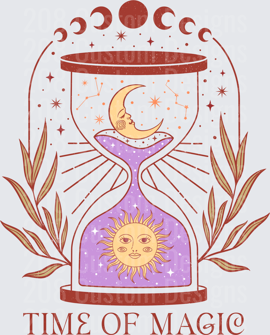 Mystical Hourglass with Sun and Moon Time of Magic Design