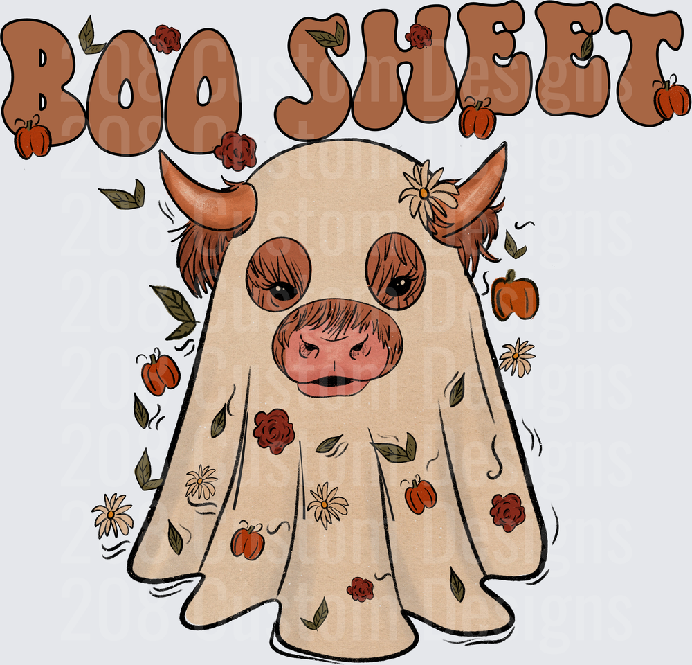 Boo Sheet Highland Cow Ghost Halloween Floral Pumpkin