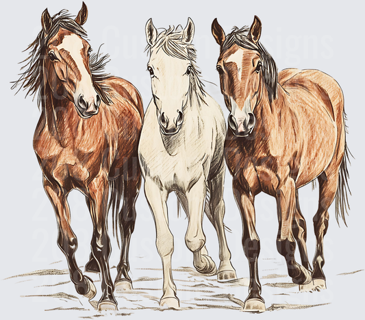 Three Wild Horses Walking Forward Sketch Style Design