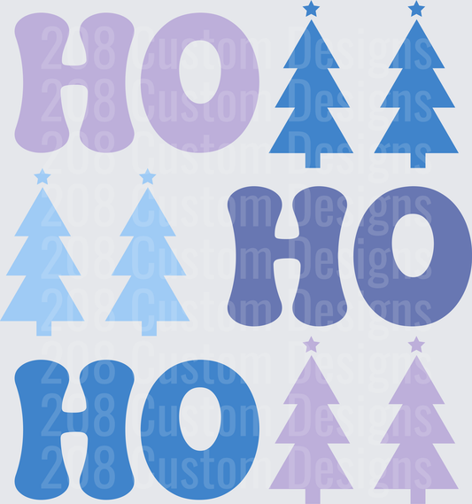 Ho Ho Ho Christmas Trees Blue Purple Holiday Pattern