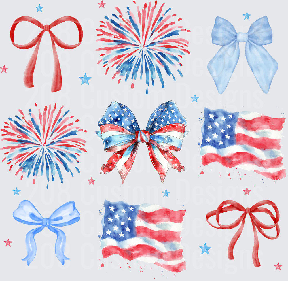 Patriotic Fourth of July Watercolor Bows Fireworks American Flag