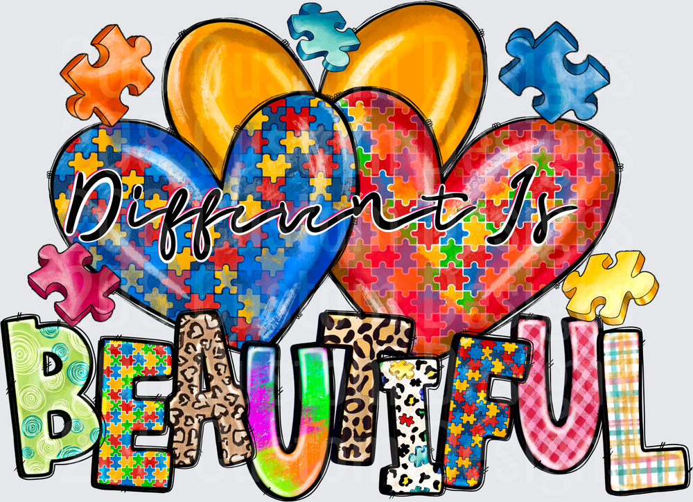 Different is Beautiful Autism Awareness Hearts with Puzzle Pieces