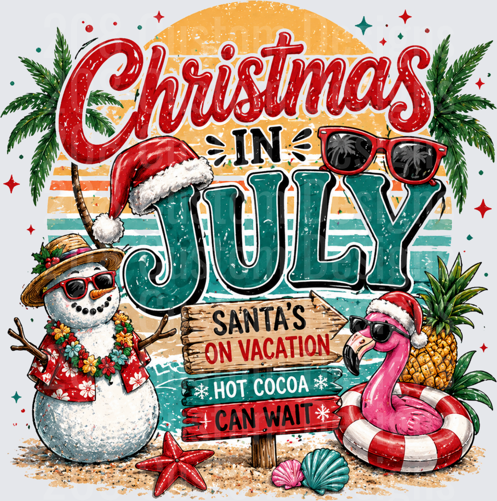 Christmas In July Santa's On Vacation Hot Cocoa Can Wait Beach Snowman Flamingo