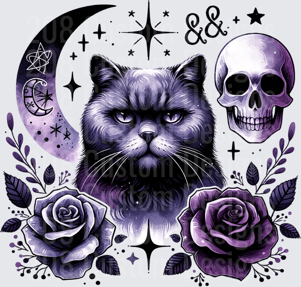 Gothic Black Cat Skull Crescent Moon Purple Roses Stars
